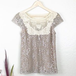 Anthro HD in Paris Lace Cap Sleeves Blouse Top